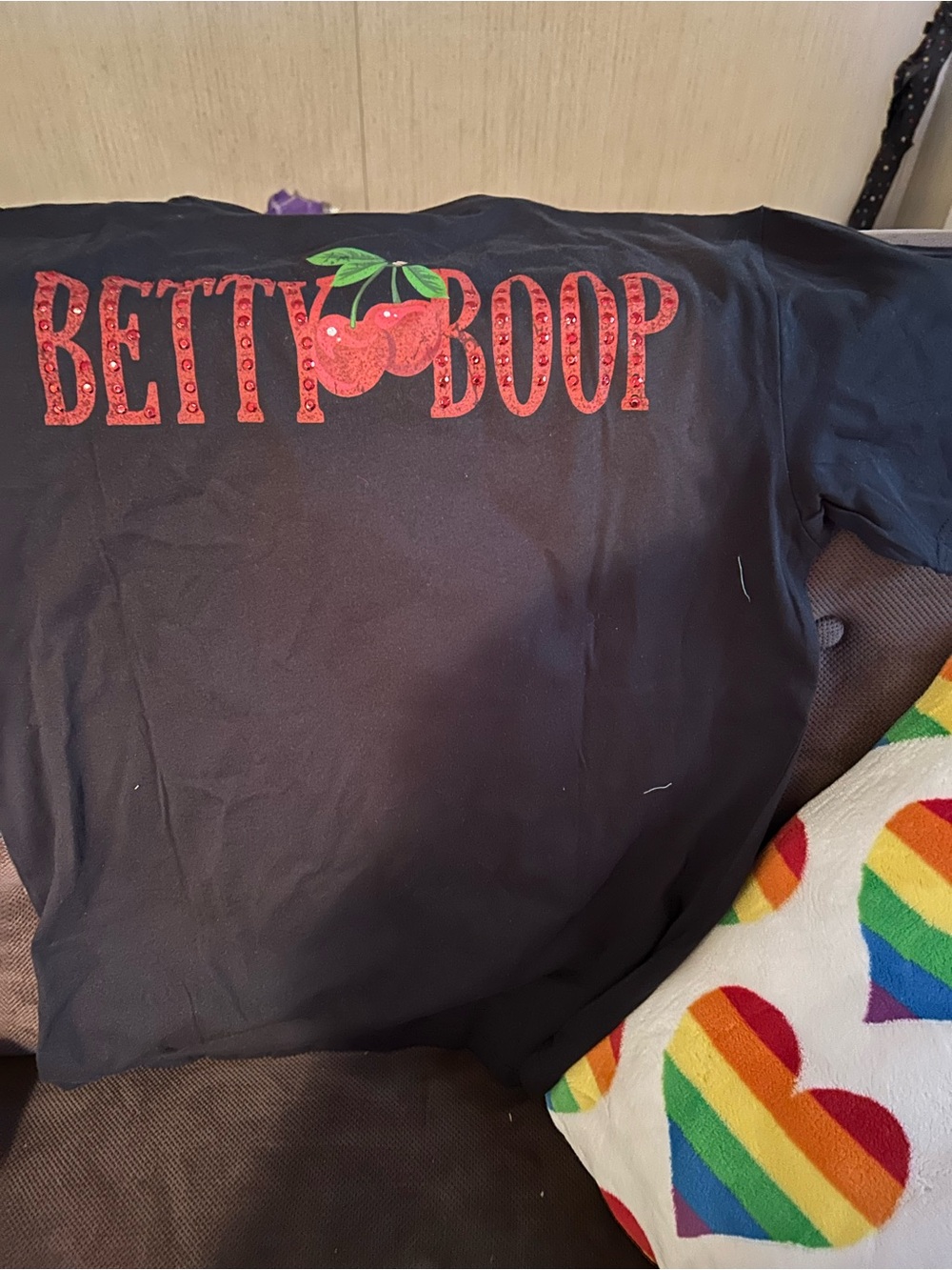 Betty Boop Black Tee with Red & Green Cherry Graphic - Picture 2 of 3